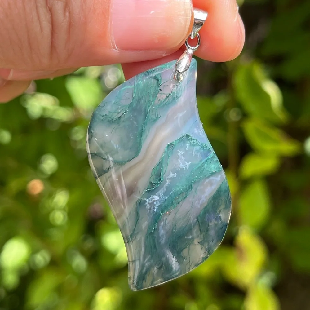 Sterling silver 925‎ stamped wavy moss agate pendant